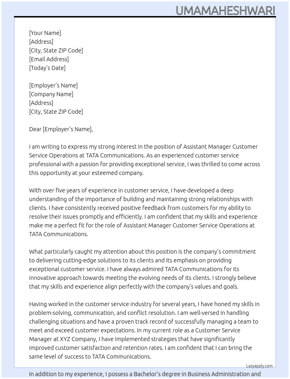 Assistant manager customer service operations At TATA communications Cover Letter