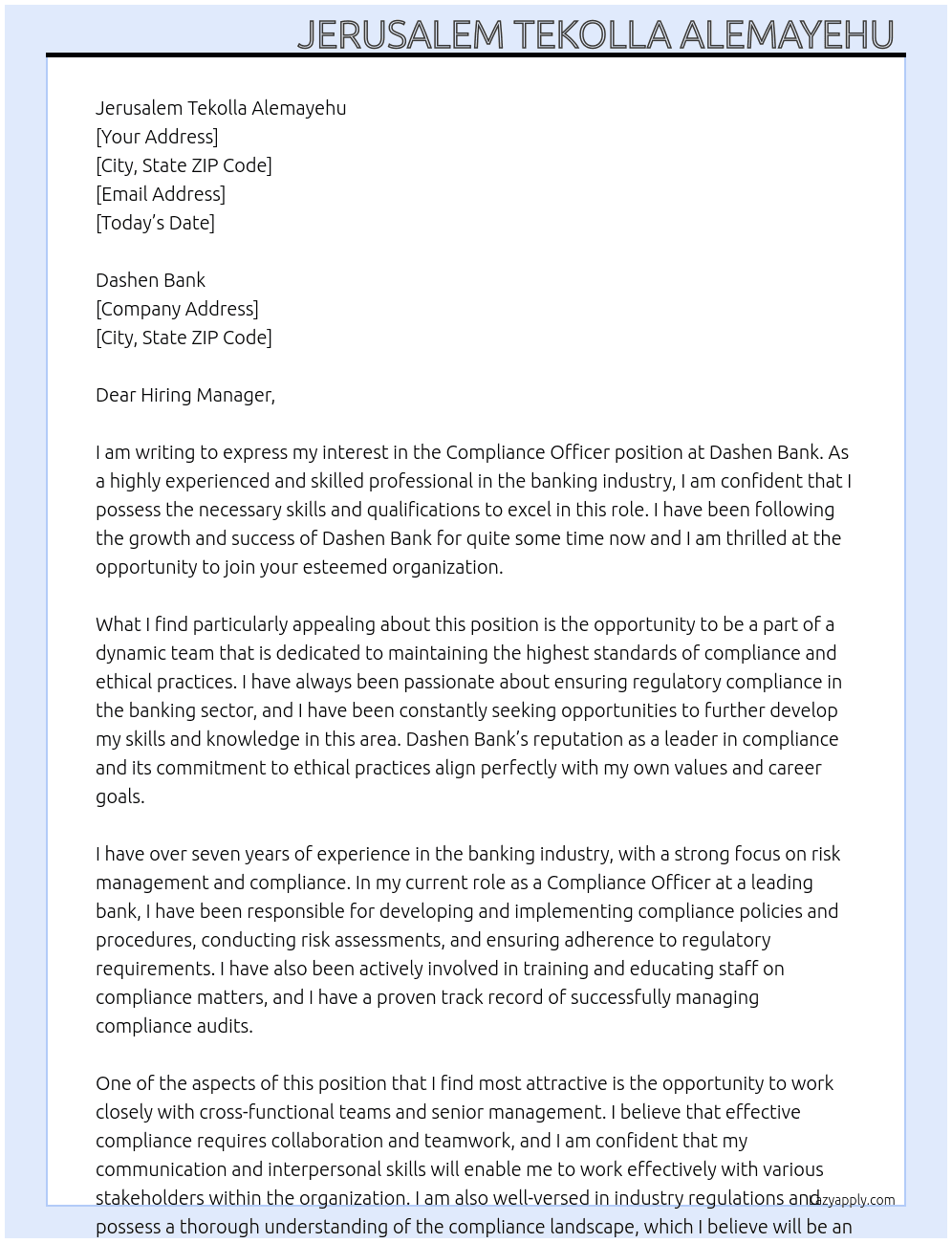 Compliance Officer  At Dashen Bank  Cover Letter