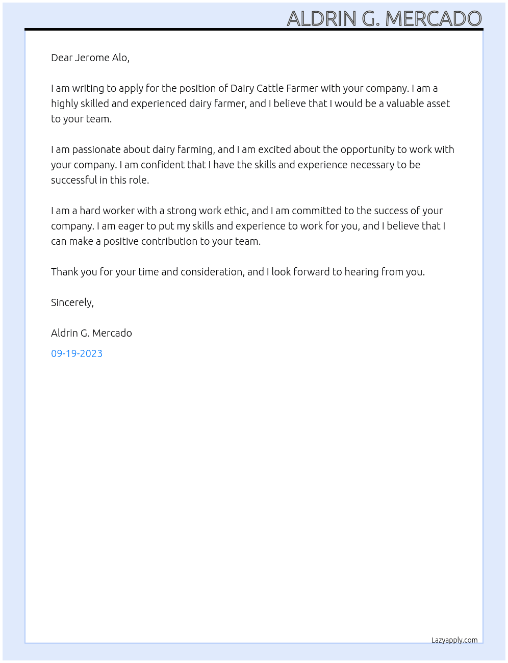 Cover letter for dairy cattle farmer - LazyApply