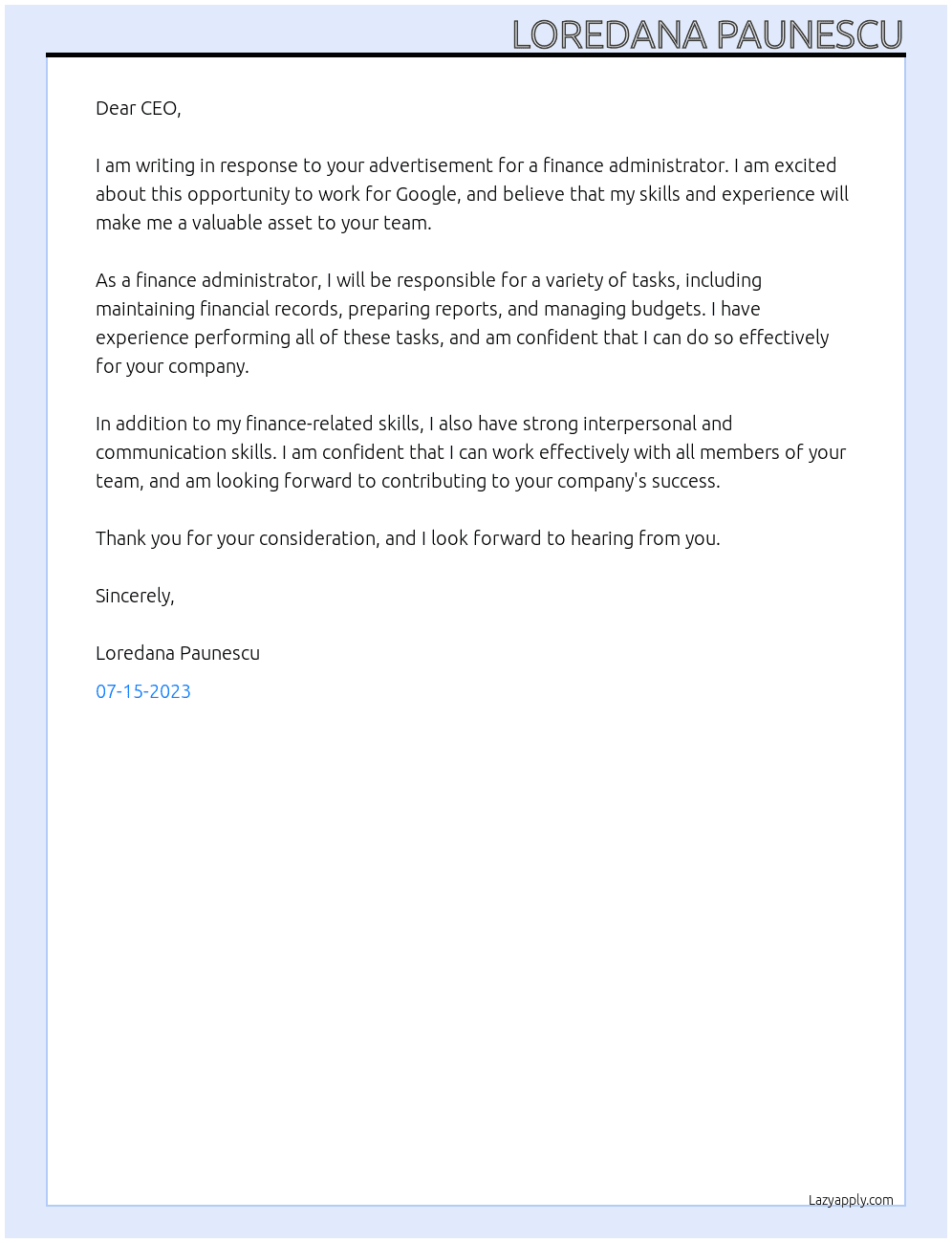 Finance administrator  At Google  Cover Letter