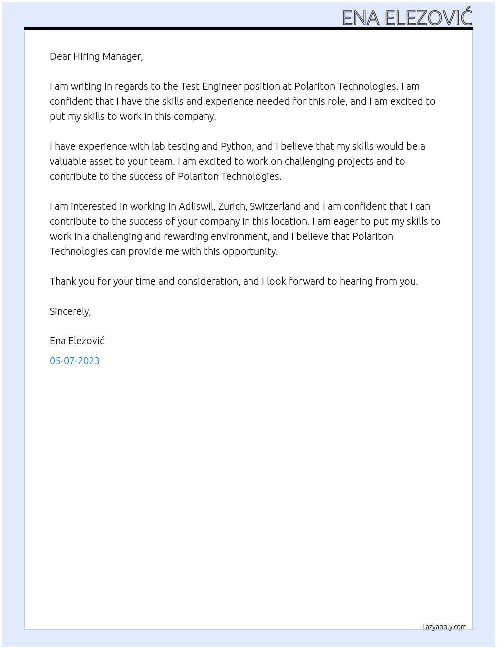 Test Engineer At Polariton Technologies Cover Letter