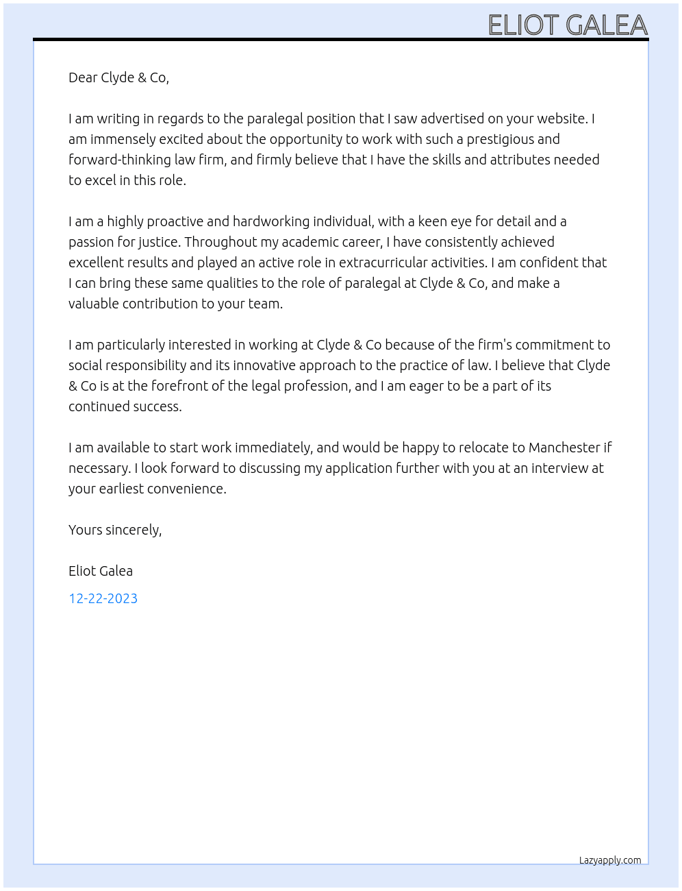 Paralegal At Clyde & Co. Cover Letter
