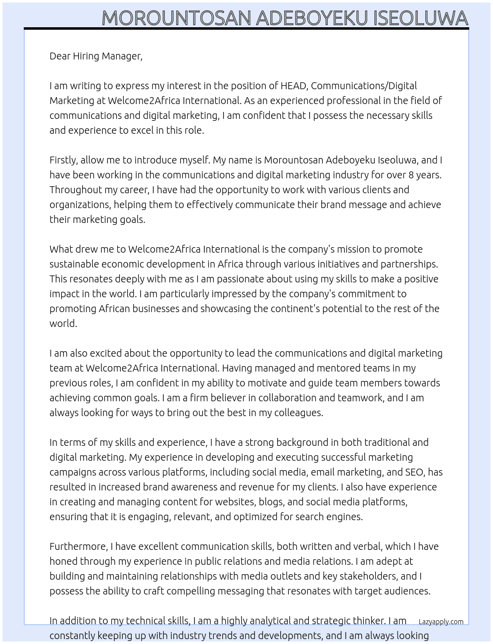 Cover letter for head, communications /digital marketing - LazyApply
