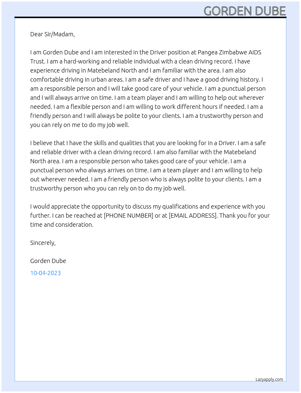 Driver At Pangea Zimbabwe AIDS Trust Cover Letter