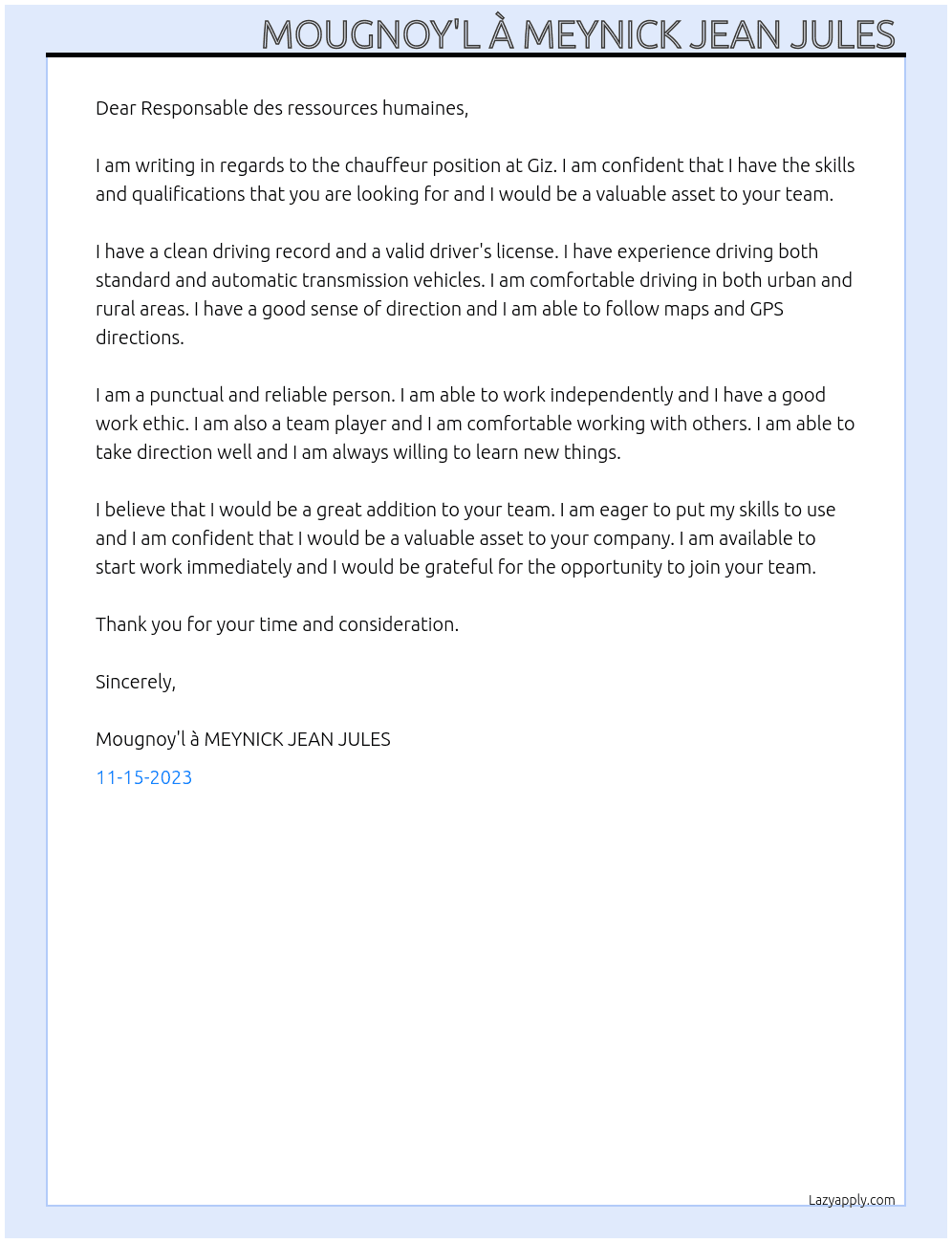 Chauffeur  At Giz Cover Letter