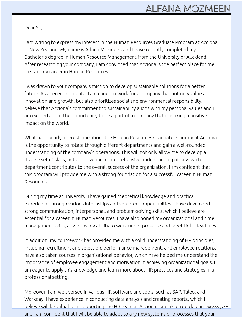 Human Resources - Graduate Program - NZ At Acciona Cover Letter