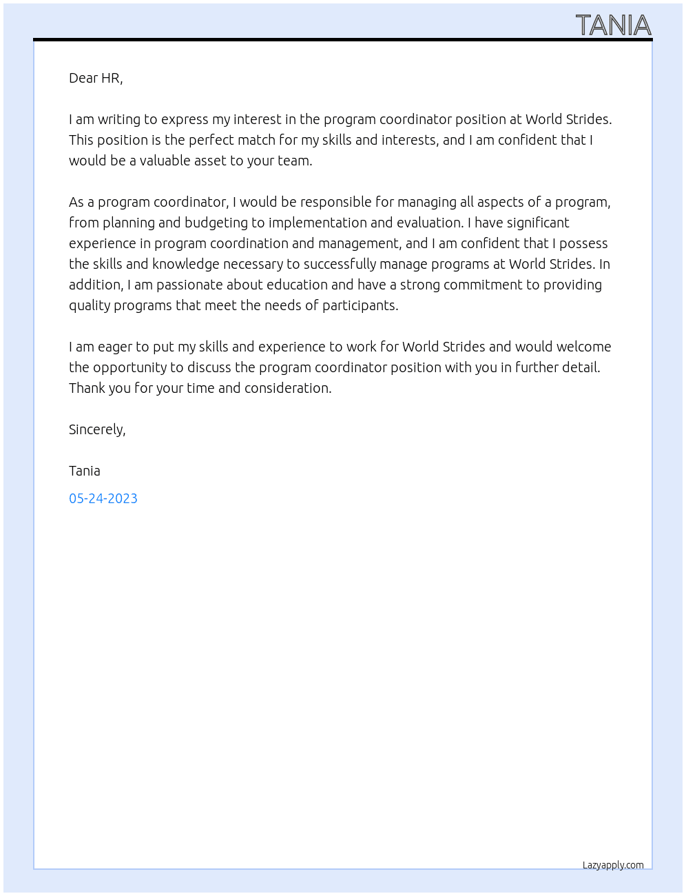 program coordinator At world strides Cover Letter
