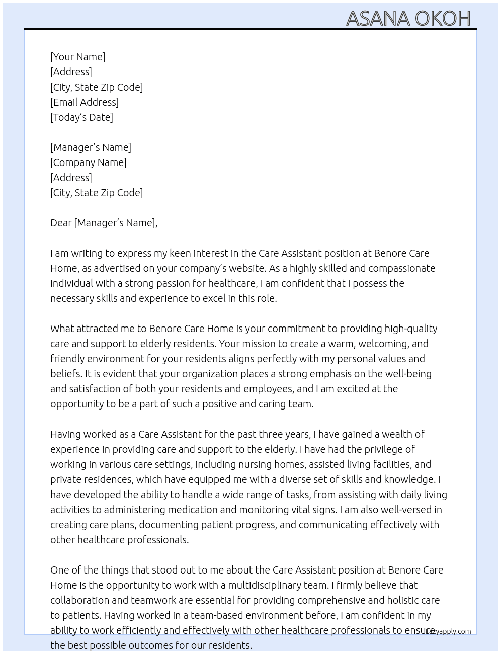Care assistant  At Benore care home  Cover Letter