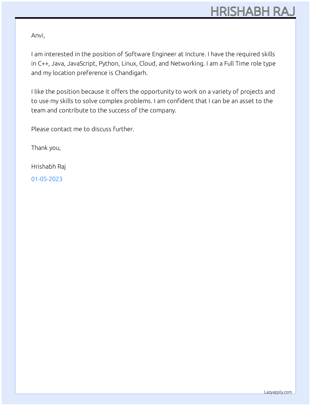 Software Engineer  At Incture  Cover Letter