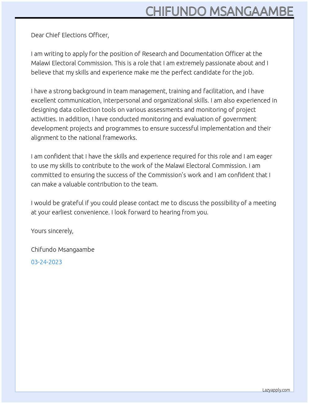 Research and Documentation Officer At Malawi Electoral Commission Cover Letter