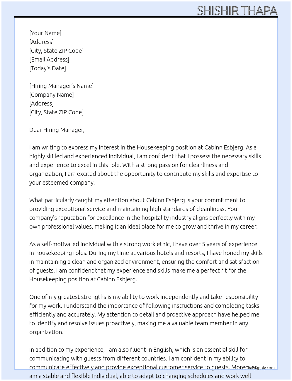 House keeping  At Cabinn Esbjerg Cover Letter