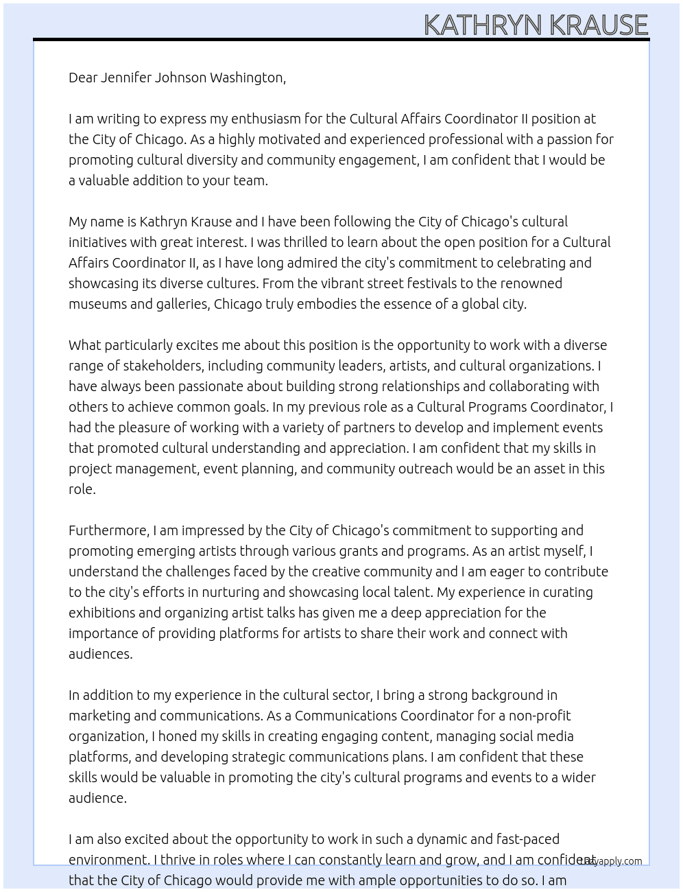 Cultural Affairs Coordinator II At City of Chicago Cover Letter