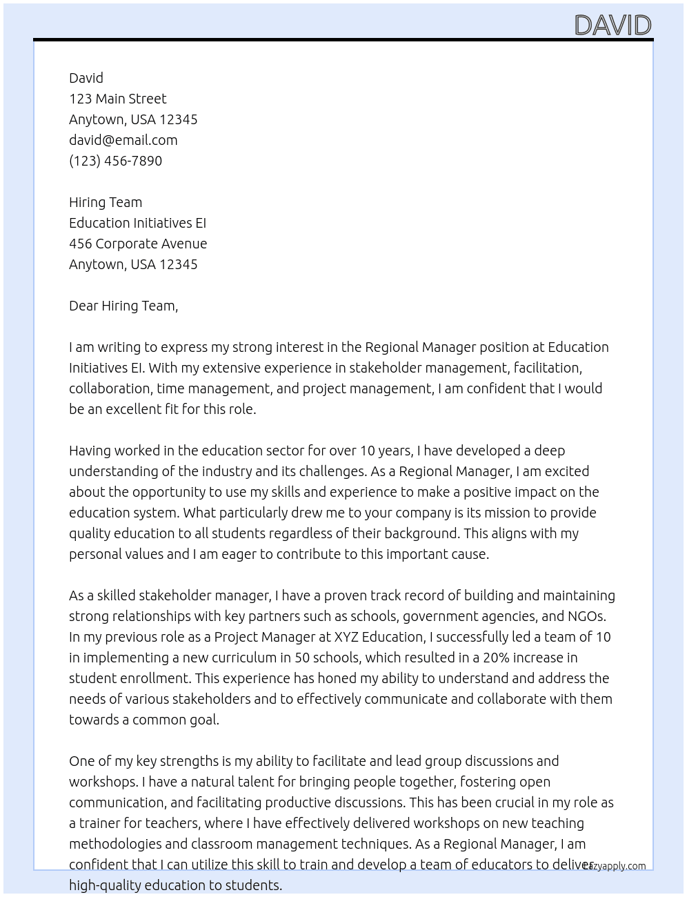 Regional Manager At Education Initiatives EI Cover Letter