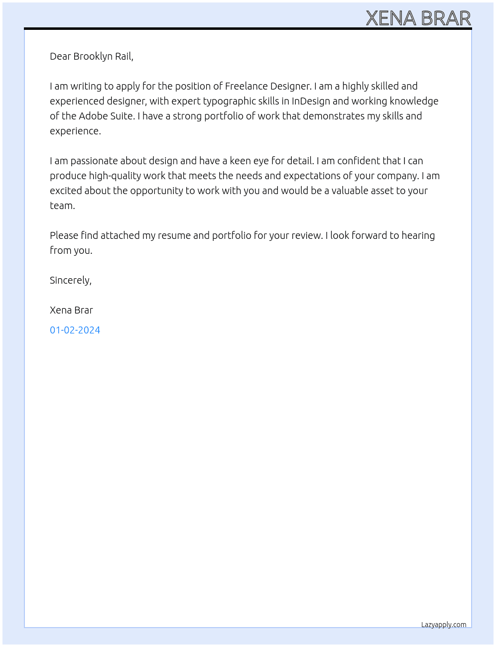 Freelance Designer At Brooklyn Rail  Cover Letter
