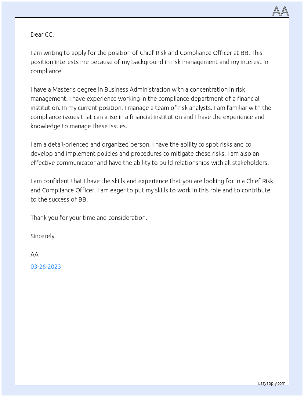 Chief Risk and Compliance Officer At BB Cover Letter