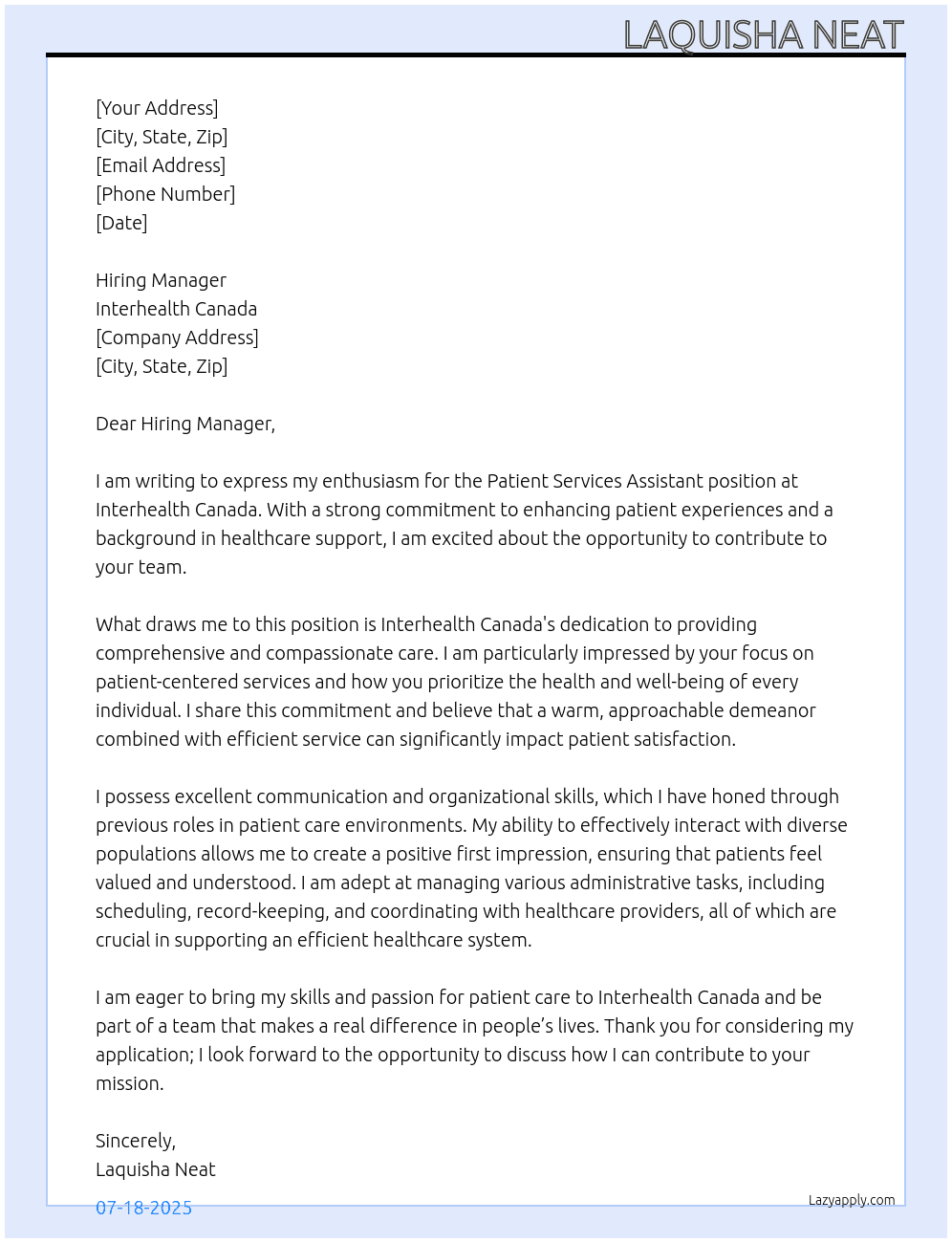 Patient services assistant At Inter health Canada Cover Letter