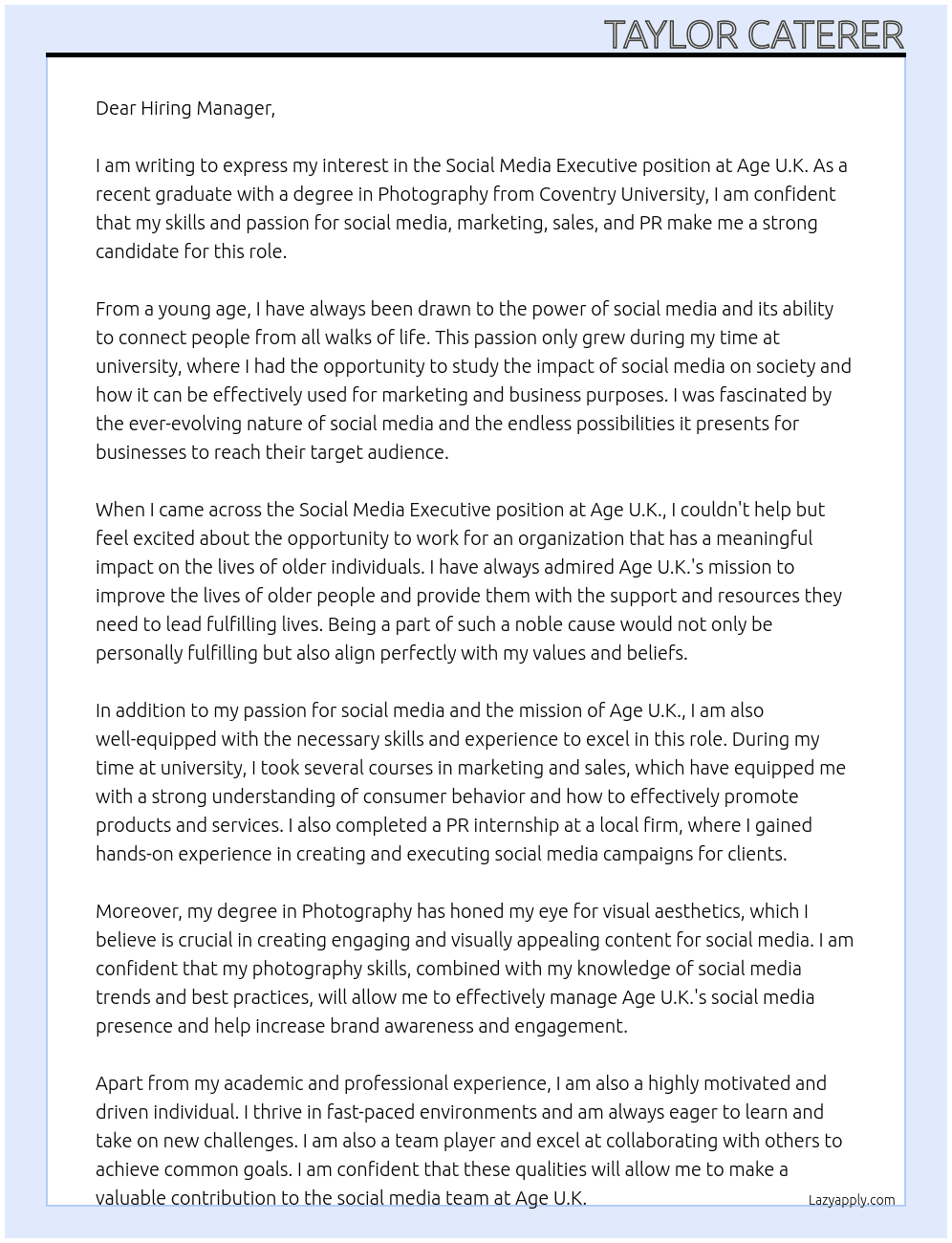 Social Media Executive At Age U.K.  Cover Letter