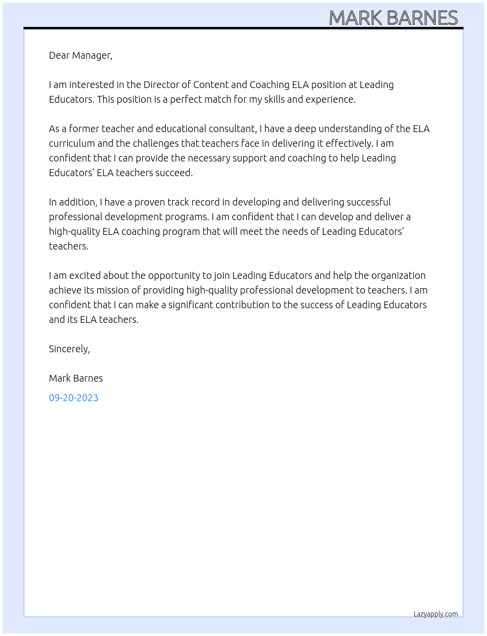 Director of Content and Coaching ELA At Leading Educators  Cover Letter