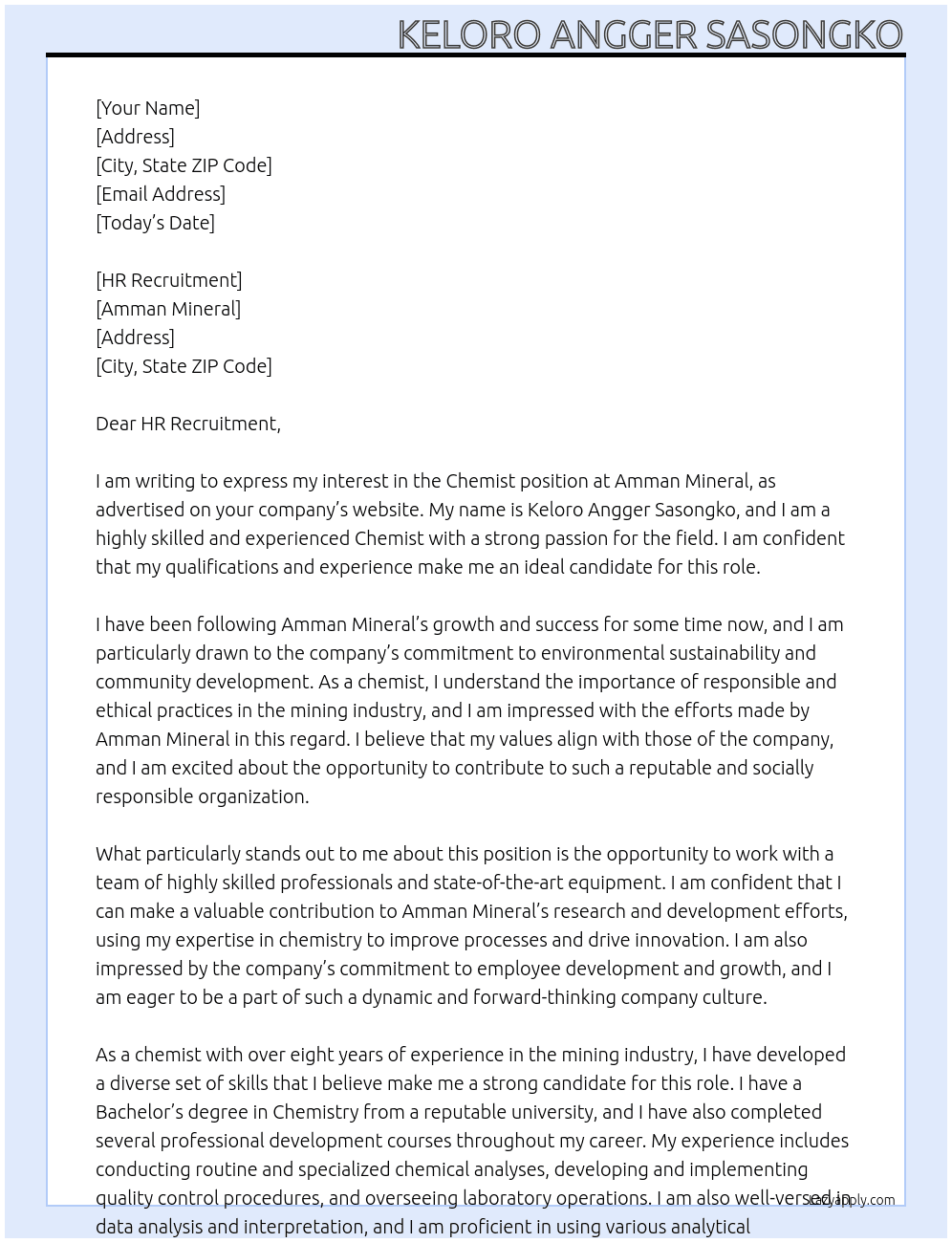 Chemist At Amman Mineral Cover Letter