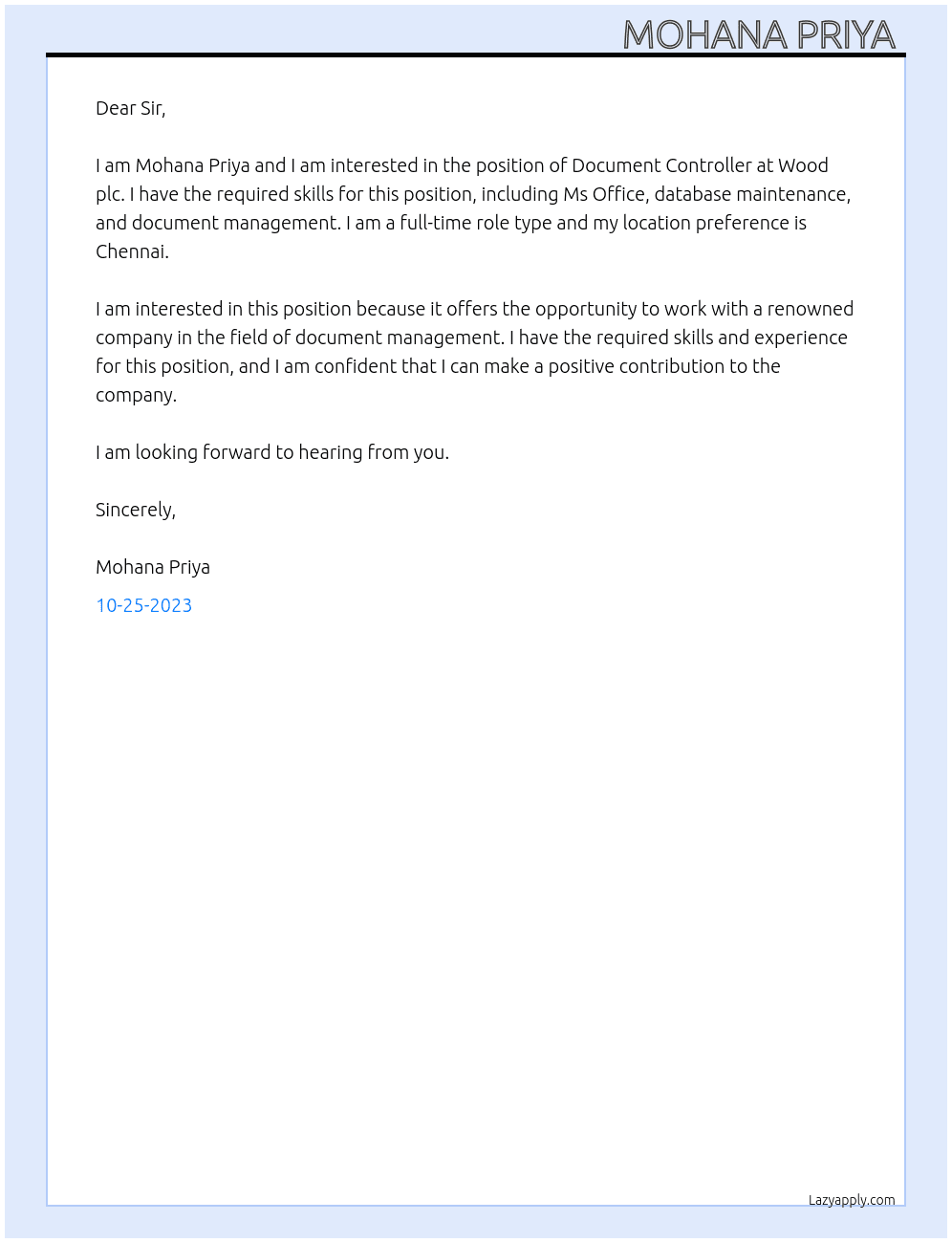 Document controller  At Wood plc Cover Letter