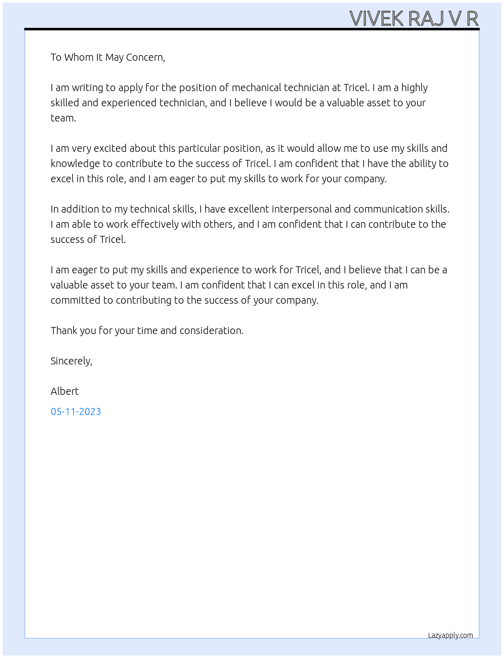 Mechanical technician At Tricel Cover Letter