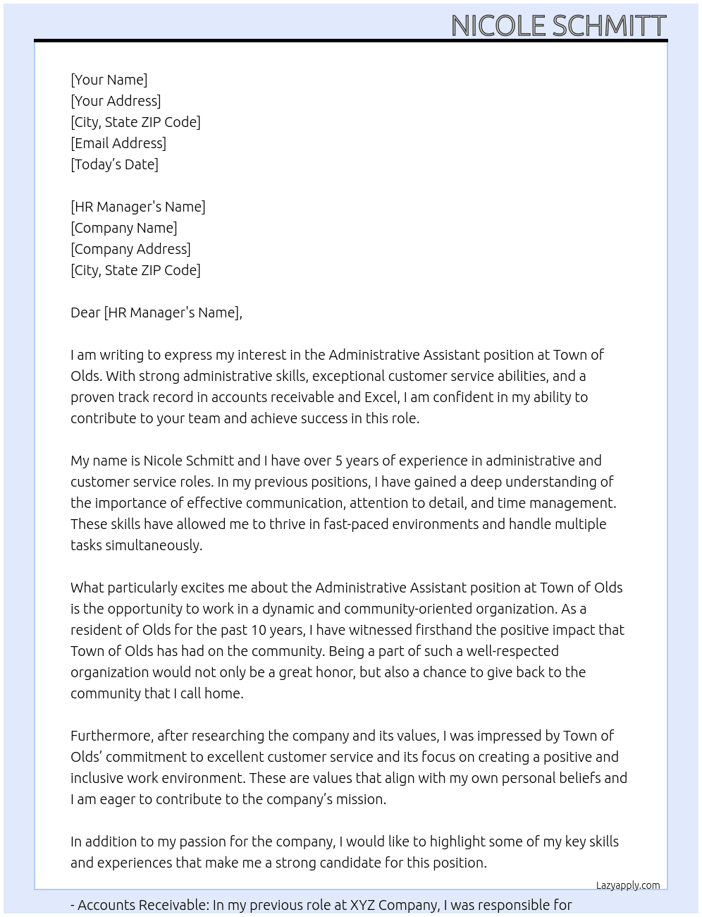 Administrative Assistant At Town of Olds Cover Letter