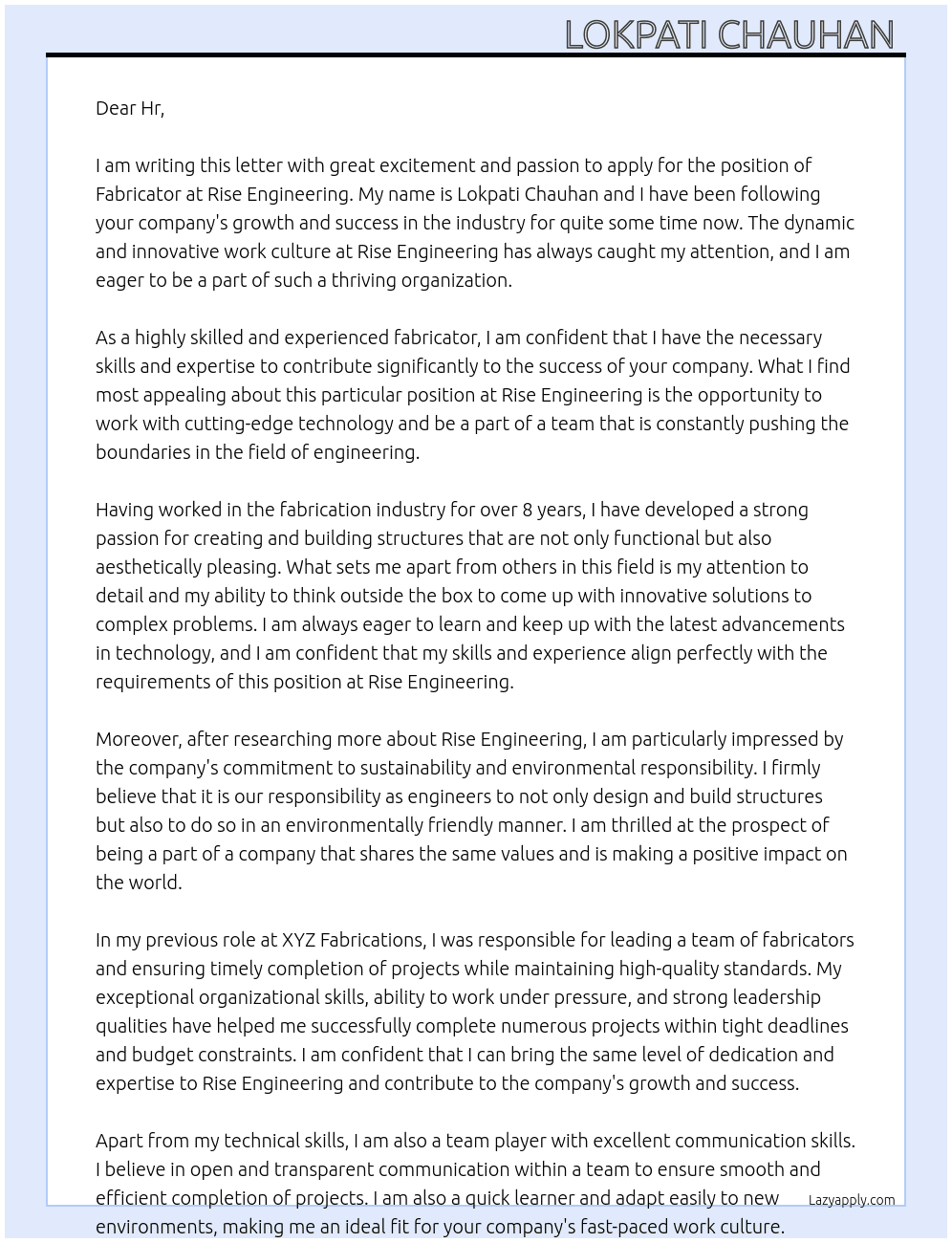  fabricator  At Rise engreeing  Cover Letter