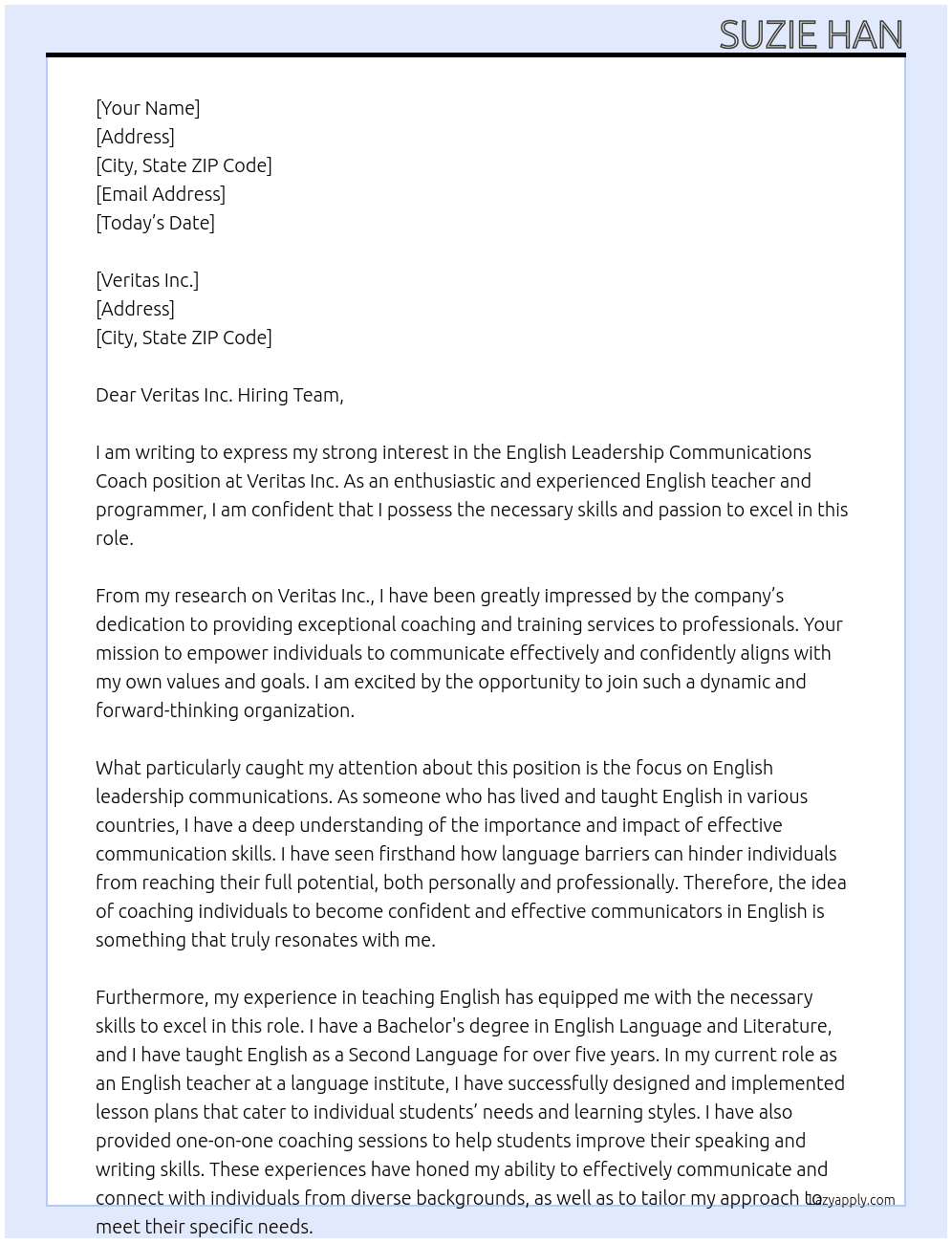 English Leadership Communications Coach At Veritas Inc. Cover Letter