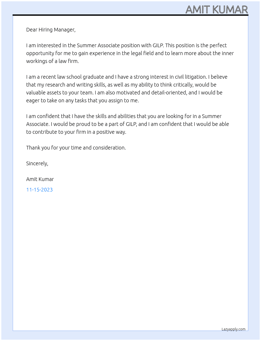 Summer Associate At GILP Cover Letter