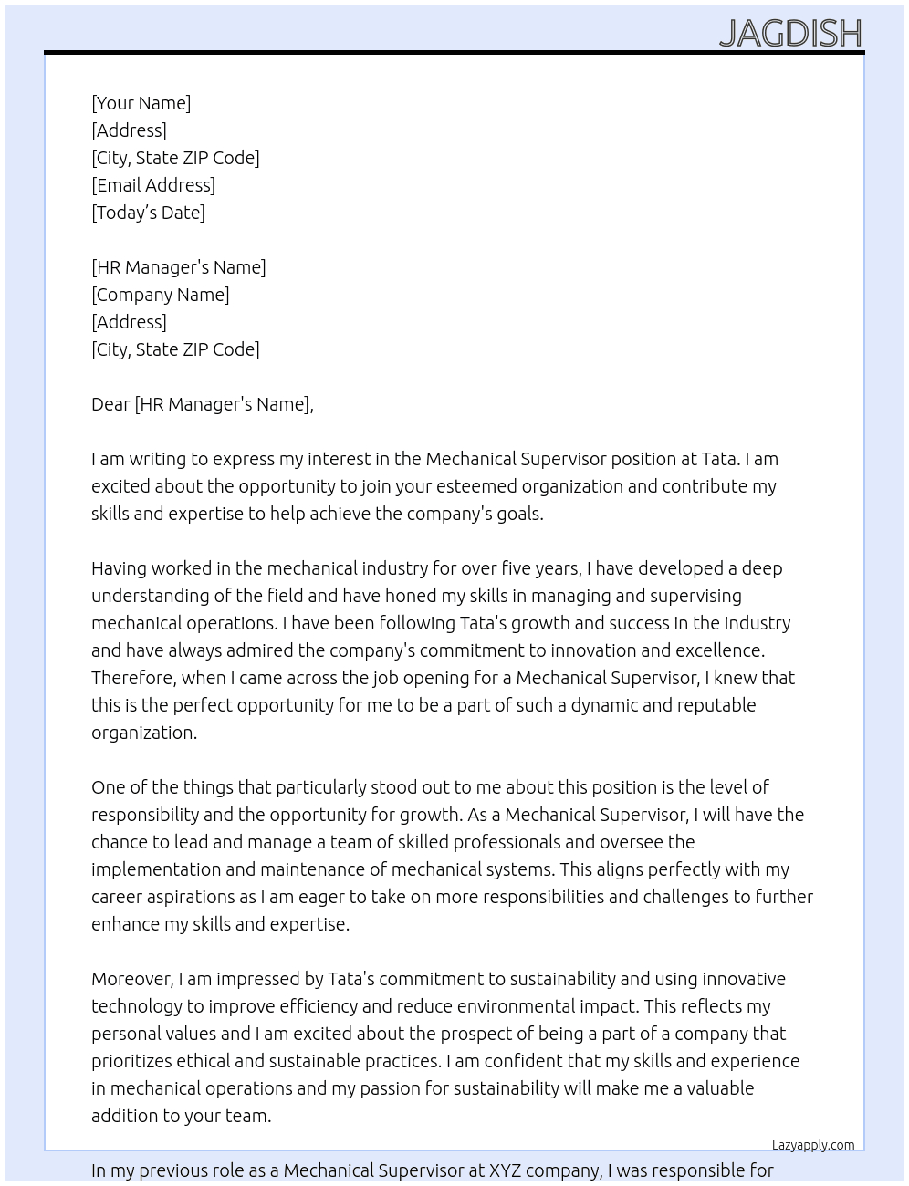 Mechanical supervisor  At Tata Cover Letter