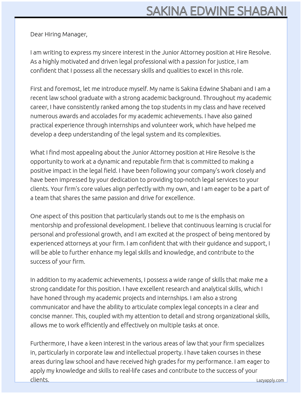Junior Attorney At Hire Resolve Cover Letter