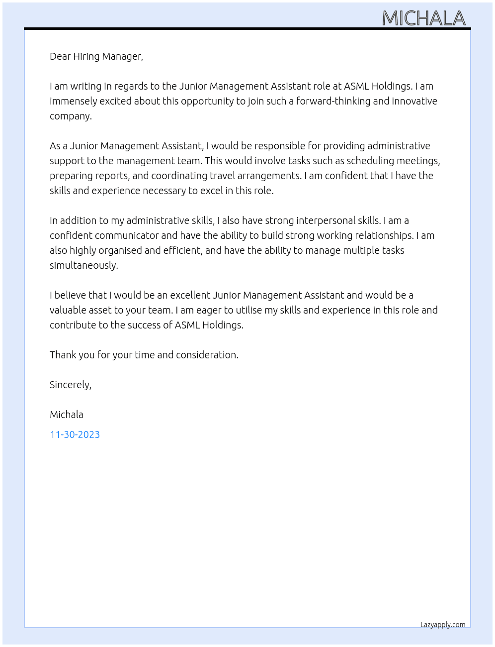 Junior Management Assistant  At ASML Holdings  Cover Letter