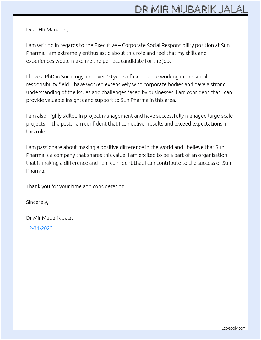Executive - Corporate Social Responsibility At Sun Pharma Cover Letter