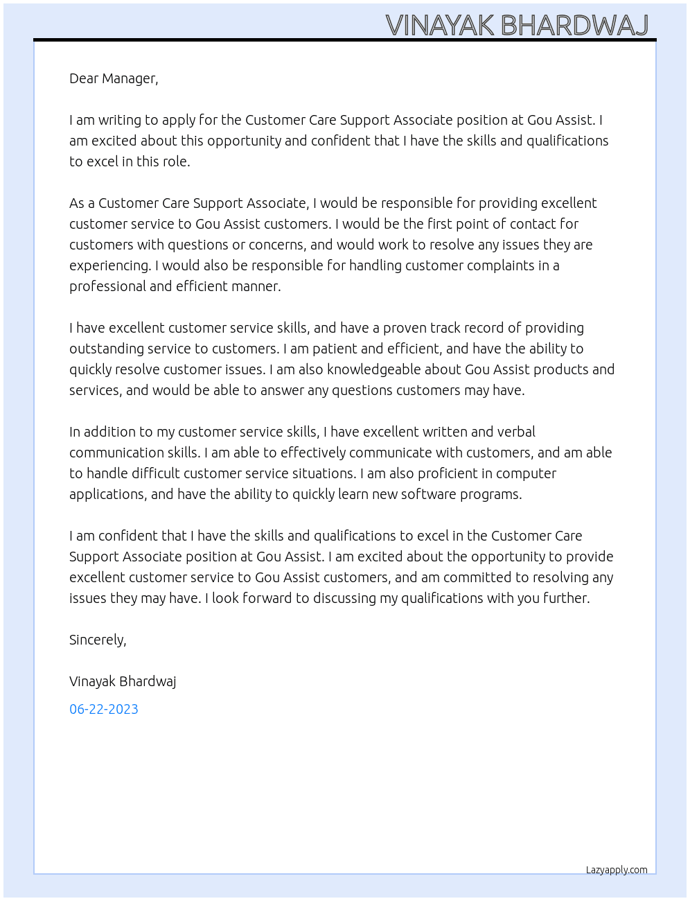 Customer care support associate  At Gou assist  Cover Letter