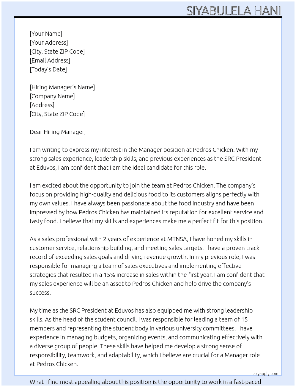 Manager At Pedros Chicken Cover Letter