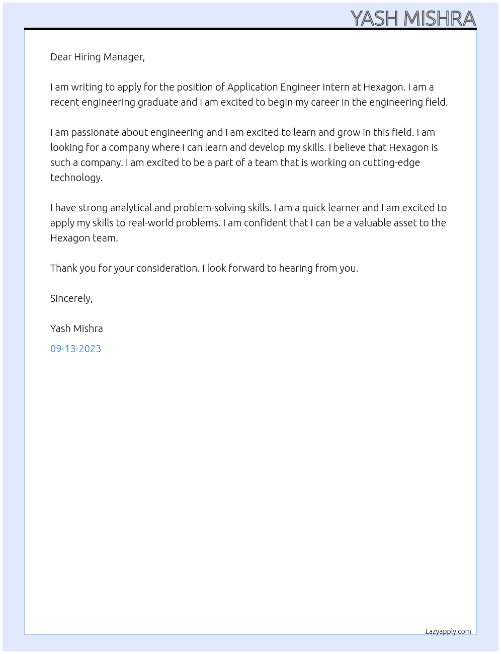 Application Engineer Intern At Hexagon Cover Letter