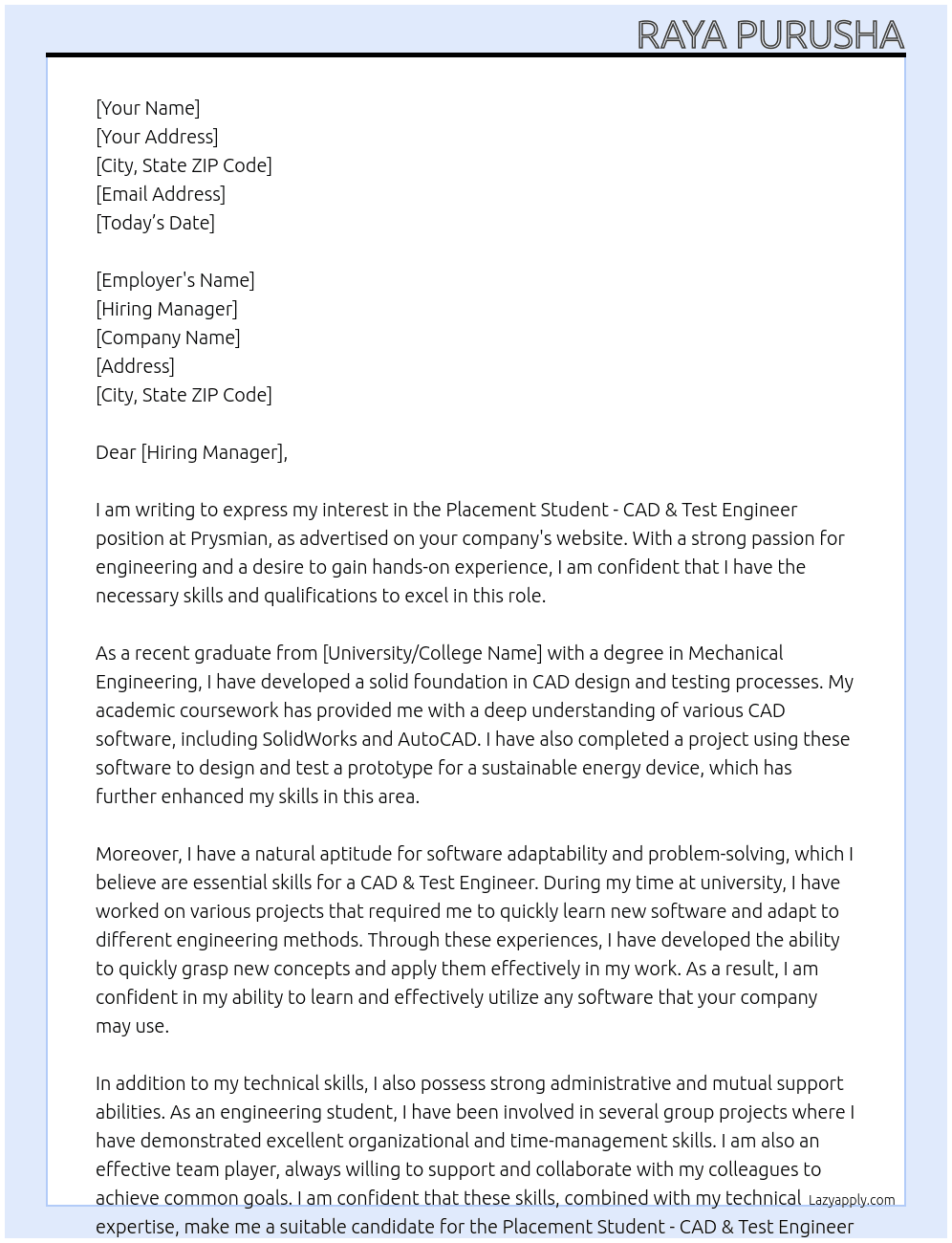 Placement Student - CAD & Test Engineer At Prysmian Cover Letter