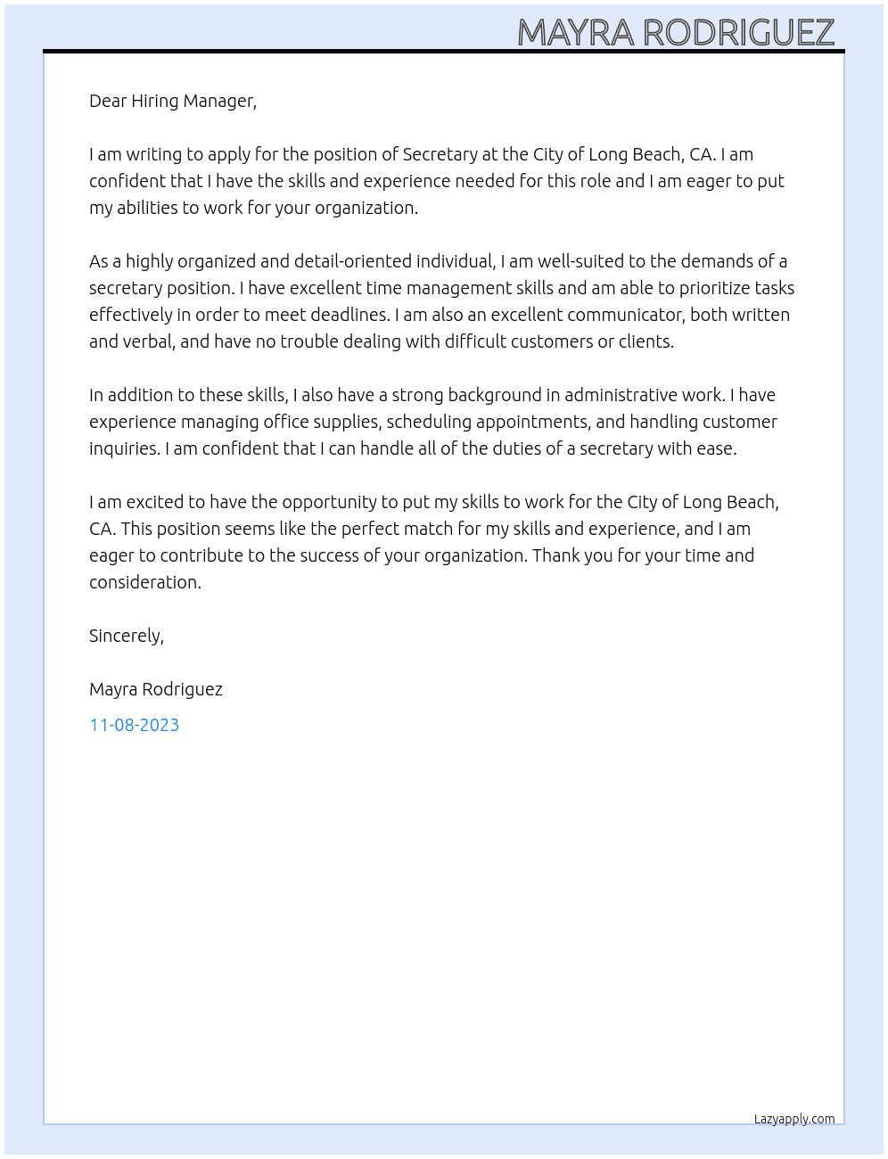 SECRETARY At City of Long Beach, CA Cover Letter