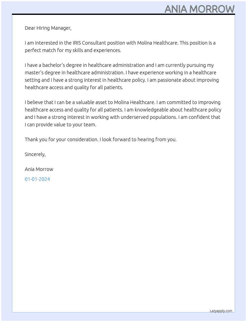 IRIS Consultant At Molina Healthcare Cover Letter