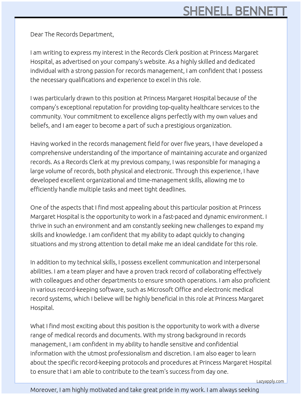 Records clerk At Princess Margaret Hospital Cover Letter