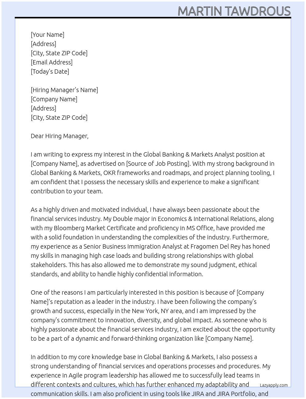 Global Banking & Markets Analyst At Martin Tawdrous Cover Letter