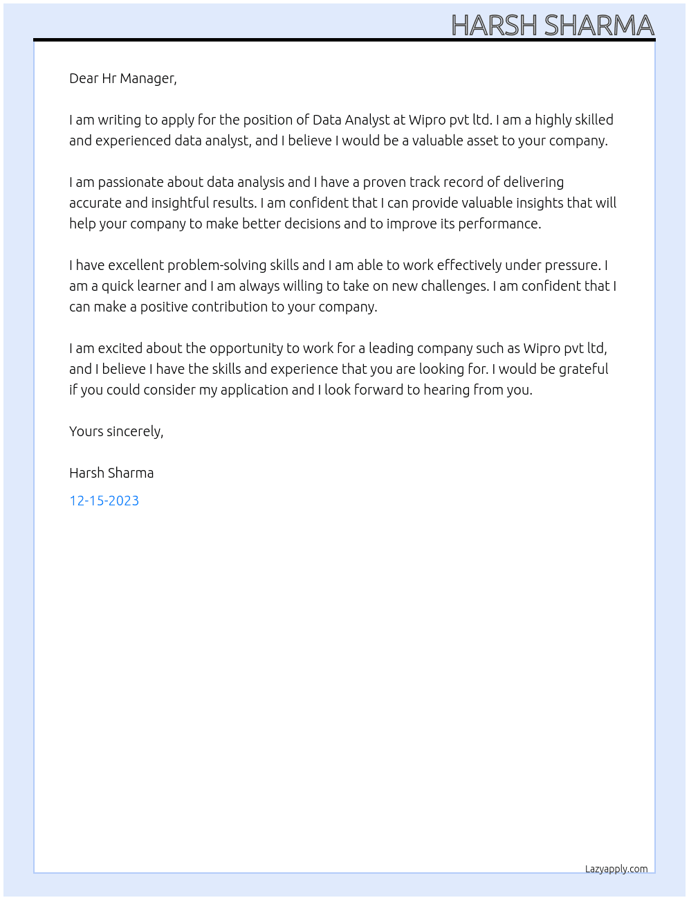 Data analist At Wipro pvt ltd Cover Letter