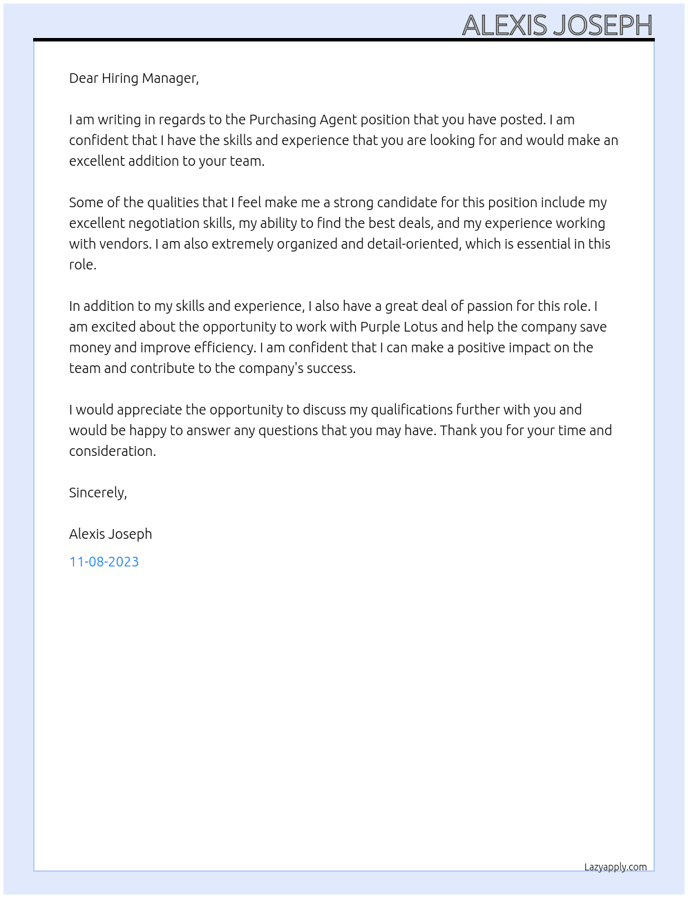 Purchasing Agent At Purple Lotus Cover Letter