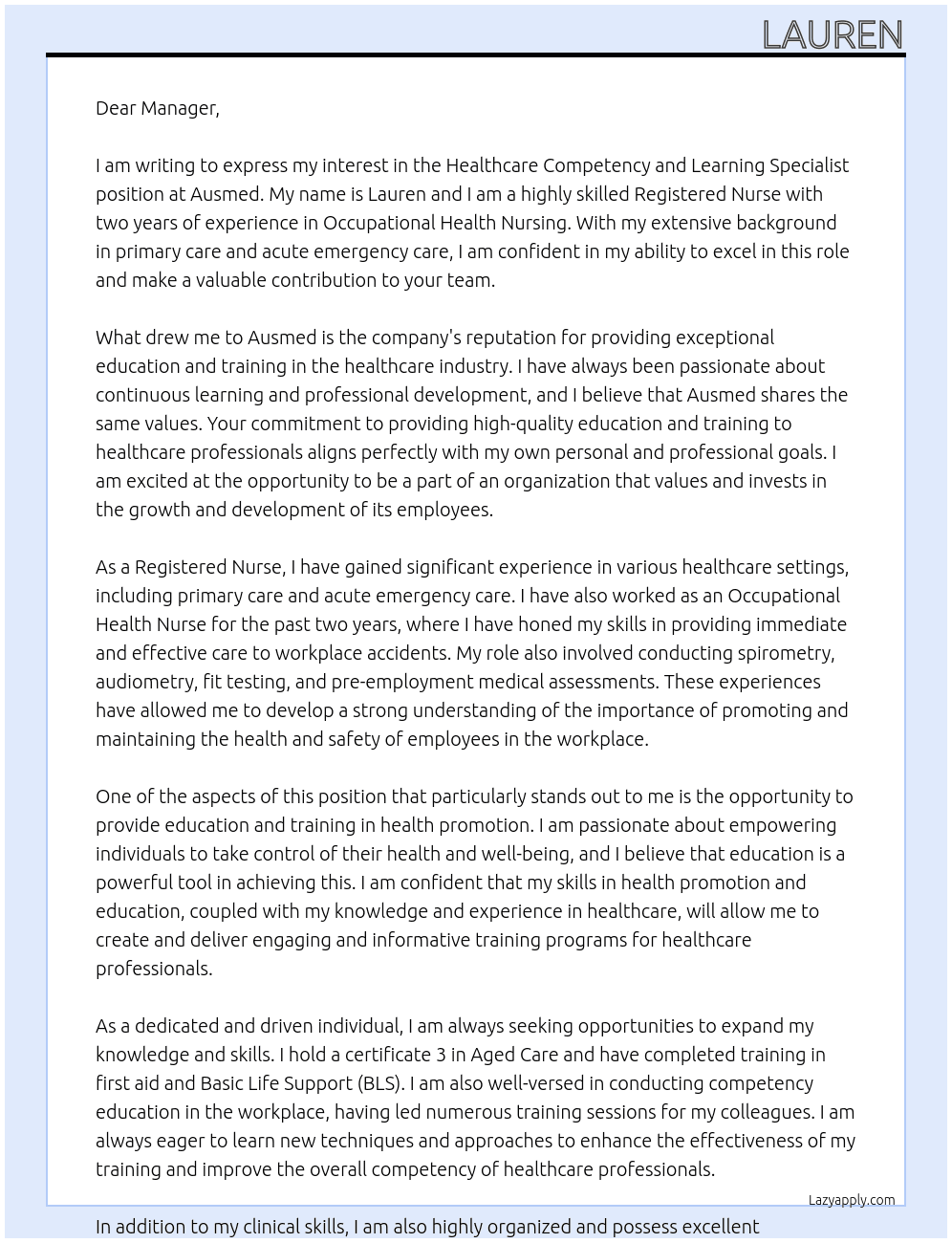Healthcare Competency and Learning Specialist  At Ausmed Cover Letter