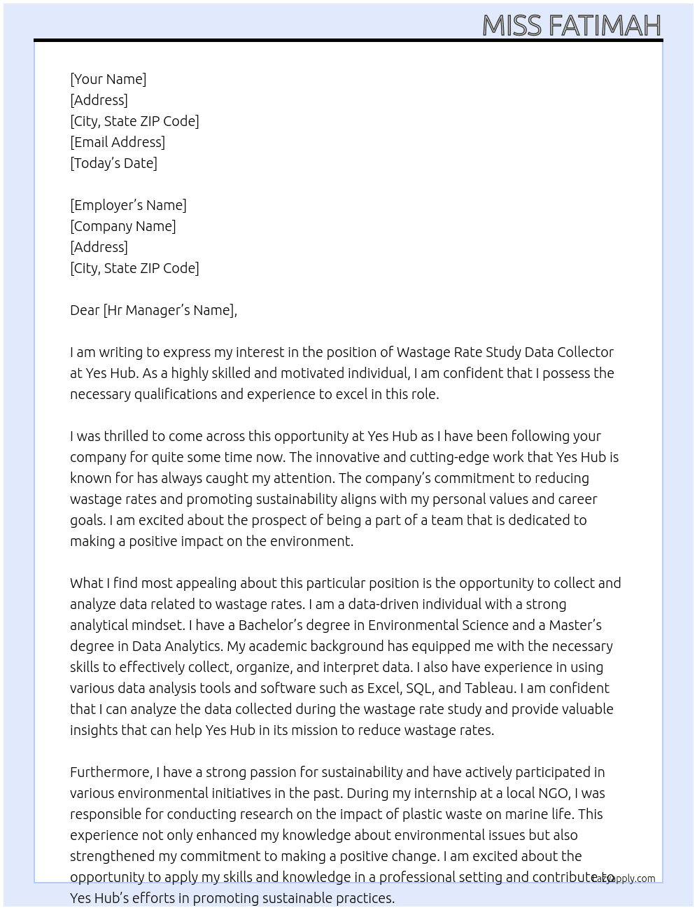 Cover letter for wastage rate study data collectors - LazyApply