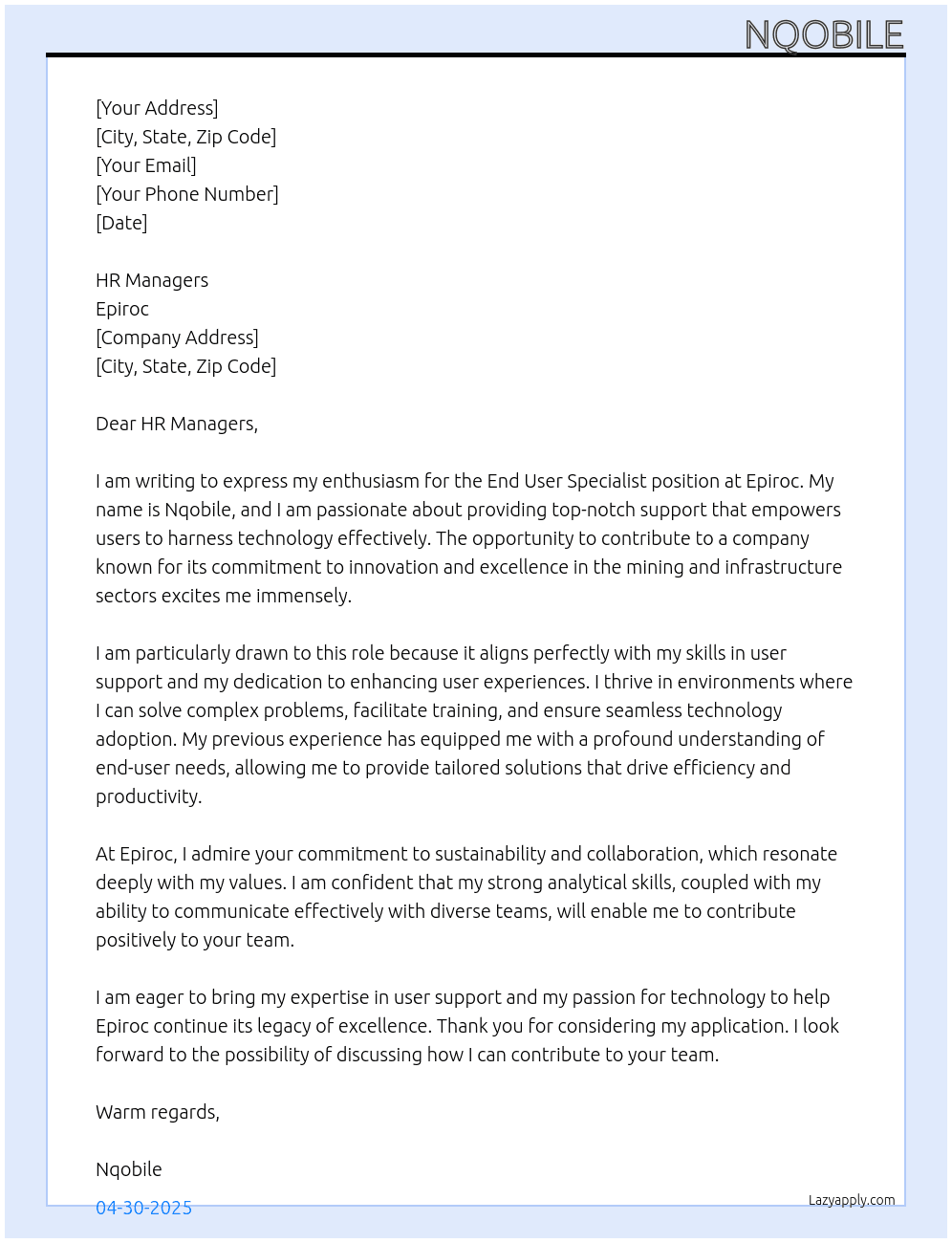 End User specialist At Epiroc Cover Letter