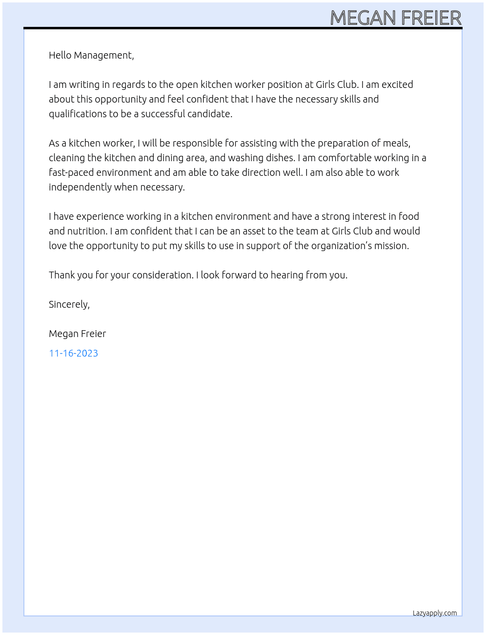 Kitchen worker At Girls club  Cover Letter