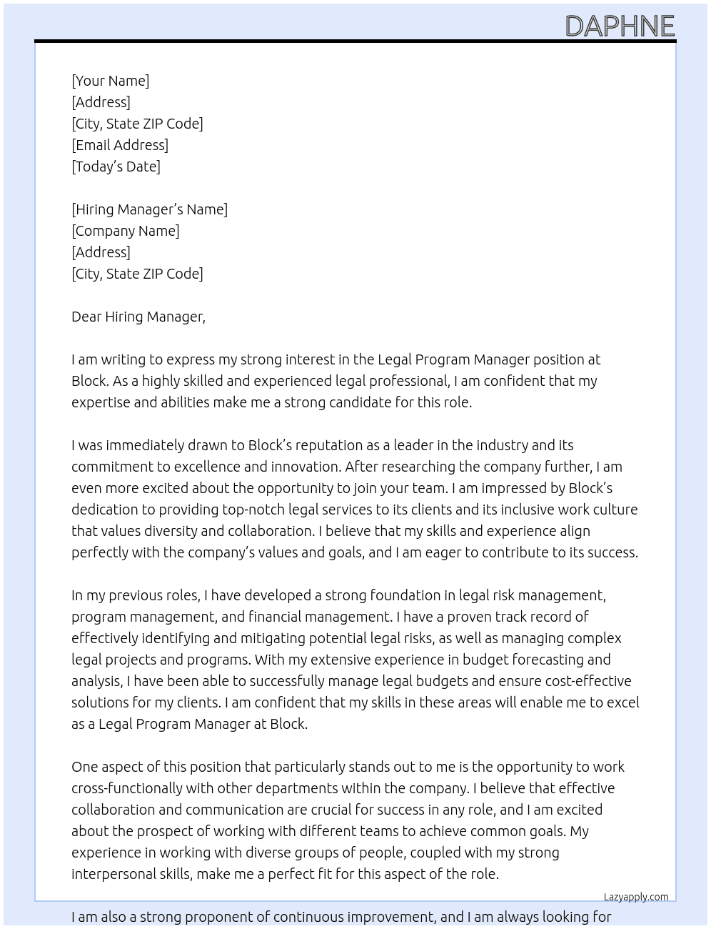 Legal Program Manager  At Block Cover Letter