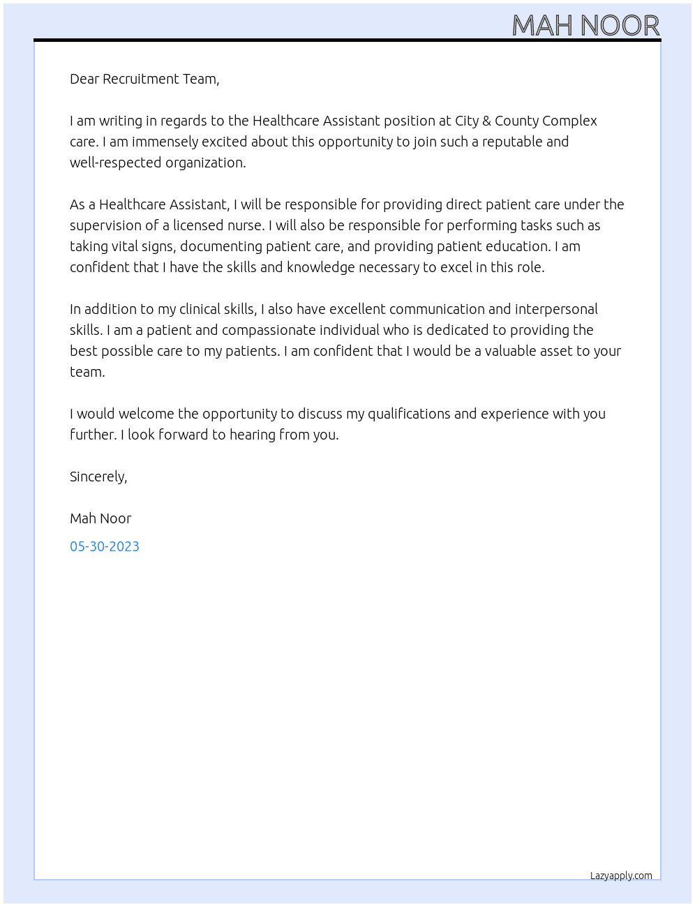 Healthcare Assistant At City & County Complex care Cover Letter