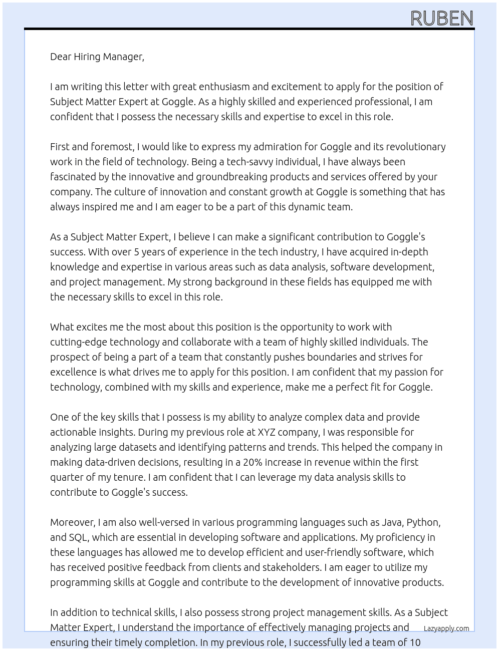 Subject matter expert At Goggle Cover Letter